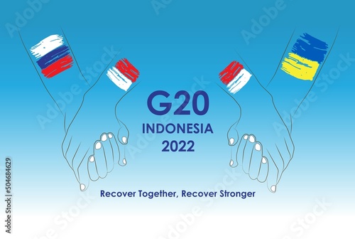 illustration of two hands holding each other strongly with flags of russia, indonesia and ukraine. Russia and Ukraine Accept Invitation To Attend G20 Summit 2022 In Indonesia
