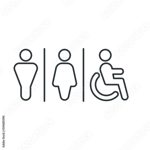 Male, female, handicap toilet sign icon. WC, unisex bathroom concept. Vector illustration isolated on white background. EPS 10.