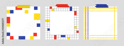 Set of blank notepad hand drawn vector illustration in Piet Mondrian style. Template paper for sticker note, memo, list. Isolated. photo