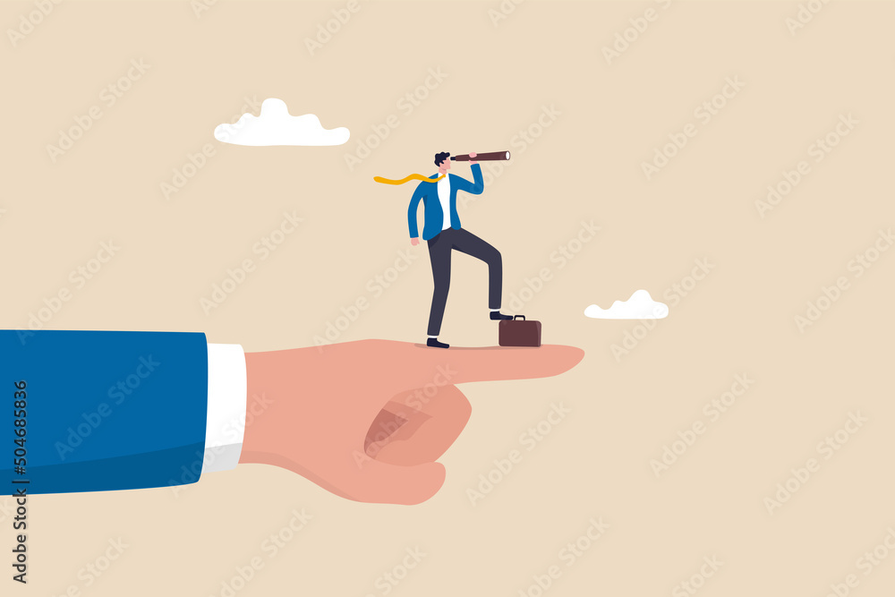 Vision to see business direction, economic forecast or future, strategy to success or business objective, career path concept, businessman on giant pointing finger with telescope to see vision. - obrazy, fototapety, plakaty 