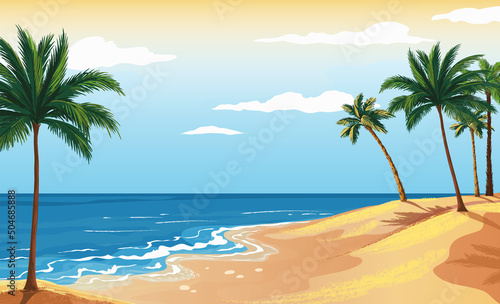 Palm beach. Sunny ocean paradise landscape with coconut tree. Seaside with yellow sand  summer vacation horizontal background  travel panorama  tropical resort vector sea island scenic