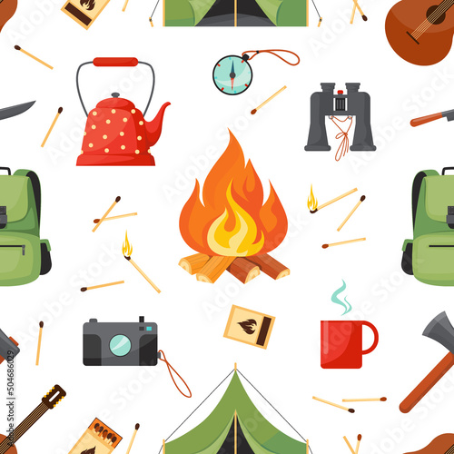 Camp seamless pattern. Summer adventure abstract picnic background. Tourism on nature with cute icons. Camping tents, fire and backpack. Hiking tools. Decor textile, vector print