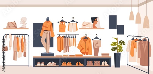 Resale market. Fair charity with choose accessories and fashion stuff. Secondhand boutique interior. Garments and shopping furniture. Merchandise on shelves and racks. Vector sale store