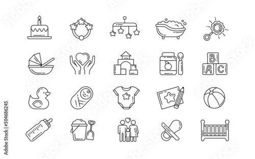 Baby line icon. Pictogram of pregnancy and newborn kids care. Infant and child. Mother and childhood. Maternity signs set. Loving family. Pacifier and toys. Vector symbols collection