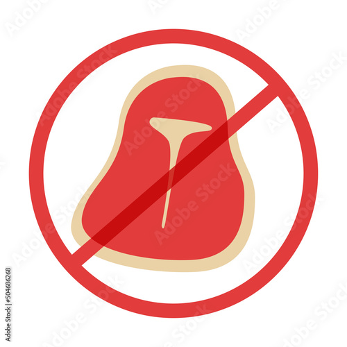 Vegans and organic food. No meat sign. Cartoon steak and forbidden red symbol. Vegetarian diet. Natural eco meal. Healthy lifestyle. Stop eating pork and beef. Vector prohibited icon