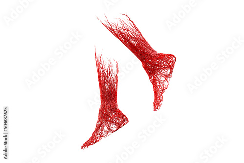 3d foot and leg red blood veins arteries, aorta knit tangled white background. vascular disease is varicose veins. venous system of the foot anatomy, clinical aspects. clipping path. 3D Illustration. photo