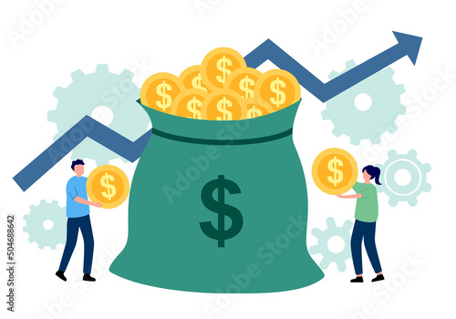 Money savings, growth financial investment concept vector illustration. Man and woman with dollar coins sack.