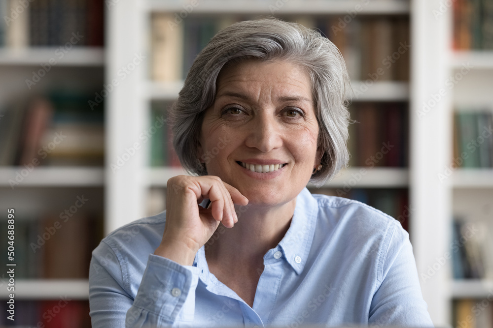 Happy elder grey haired business woman, teacher, professor head shot portrait. Cheerful satisfied mature lady looking at camera, smiling, posing in library. Video call talk screen Happy elder grey haired business woman, teacher, professor head shot portrait. Cheerful satisfied mature lady looking at camera, smiling, posing in library. Video call talk screen
