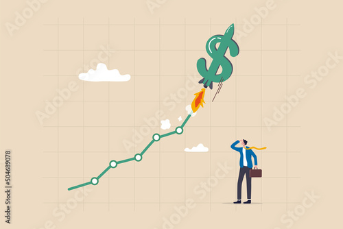 US Dollar value rising due to interest rate hike, exchange rate or financial report, economy or investment concept, businessman investor look at dollar sign rocket flying high on exchange chart.