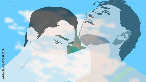 A man rests his head on his right arm and looks at another handsome guy who is looking at the sky, on a blue sky background with clouds, vector illustration.