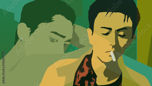 A man rests his head on his right arm and looks at another handsome guy whose eyes is closed and is smoking a cigarette, on a green background, vector illustration.