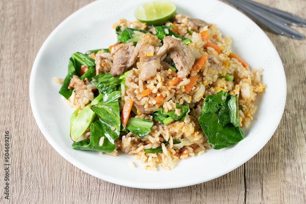 Fried rice with pork and egg, Thai street food Fried rice with pork and egg, Thai street food