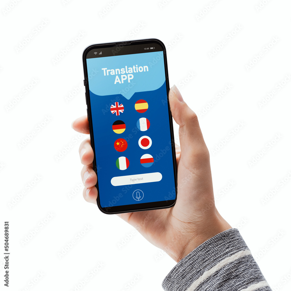 Female traveler using a translation app On white background Female traveler using a translation app On white background