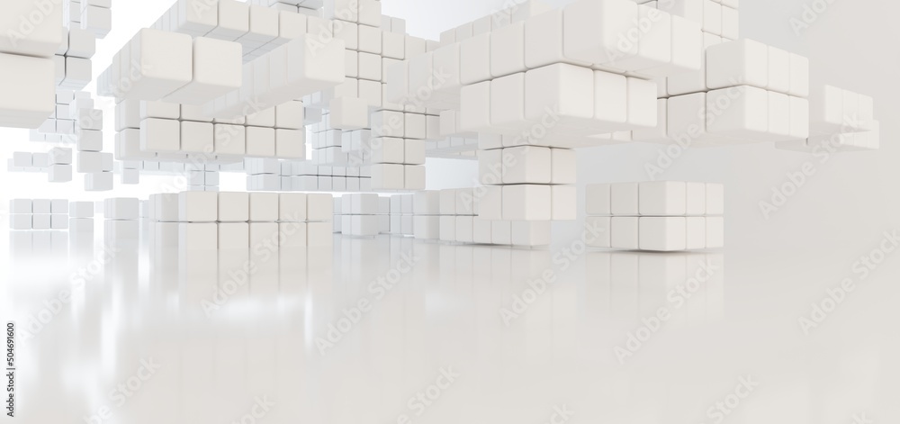 Luxury white abstract architectural minimalistic background. Contemporary showroom. Modern exhibition stand. Empty gallery. Backlight. Polygonal Graphic Design. 3D illustration and rendering.