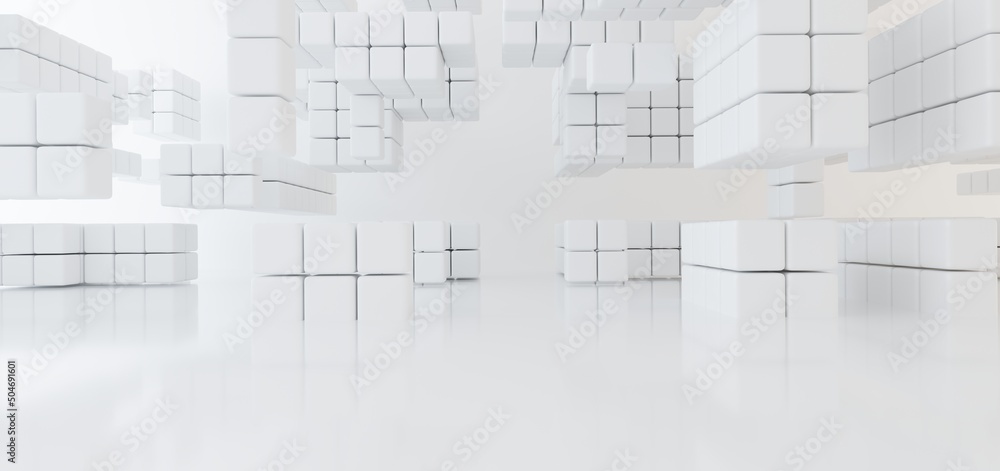 Luxury white abstract architectural minimalistic background. Contemporary showroom. Modern exhibition stand. Empty gallery. Backlight. Polygonal Graphic Design. 3D illustration and rendering.