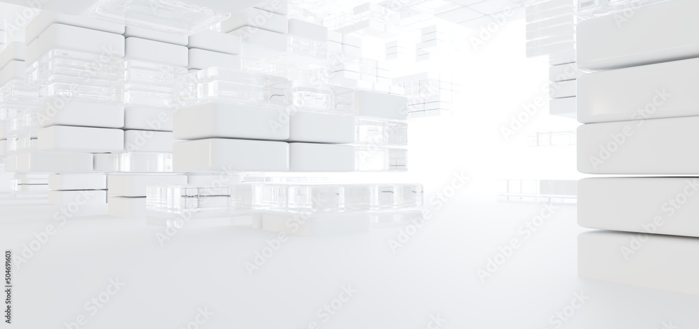 Luxury white abstract architectural minimalistic background. Contemporary showroom. Modern exhibition stand. Empty gallery. Backlight. Polygonal Graphic Design. 3D illustration and rendering.