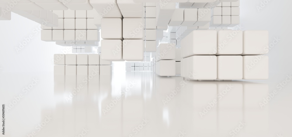 Luxury white abstract architectural minimalistic background. Contemporary showroom. Modern exhibition stand. Empty gallery. Backlight. Polygonal Graphic Design. 3D illustration and rendering.