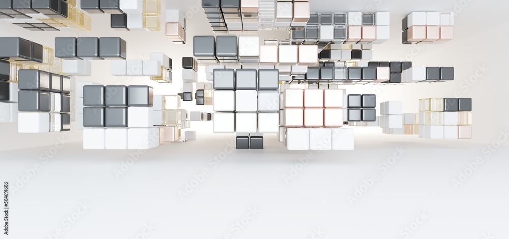 Luxury parametric abstract architectural minimalistic background. Contemporary showroom. Modern colored glass exhibition tunnel. Empty gallery. Backlight. 3D illustration and rendering.