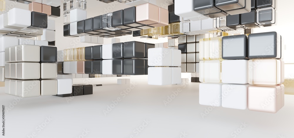 Luxury parametric abstract architectural minimalistic background. Contemporary showroom. Modern colored glass exhibition tunnel. Empty gallery. Backlight. 3D illustration and rendering.