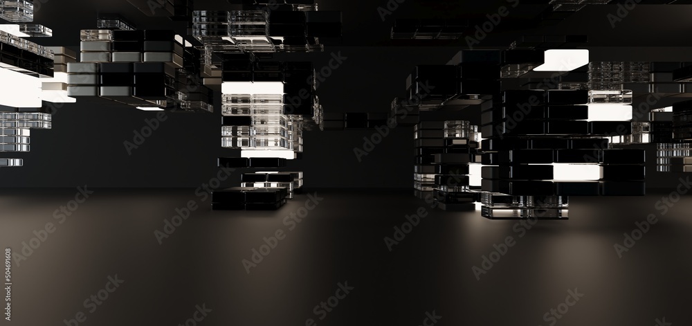 Luxury parametric abstract architectural minimalistic background. Contemporary showroom. Modern black exhibition tunnel. Empty gallery. Neon backlight. Night. Space. 3D illustration and rendering.