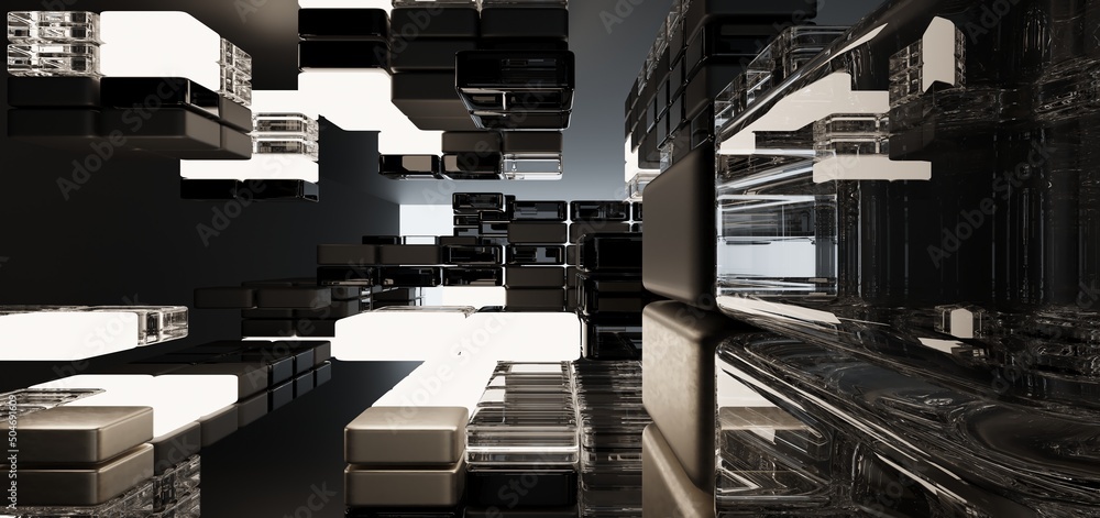 Luxury parametric abstract architectural minimalistic background. Contemporary showroom. Modern black exhibition tunnel. Empty gallery. Neon backlight. Night. Space. 3D illustration and rendering.
