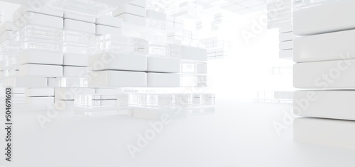 Luxury white abstract architectural minimalistic background. Contemporary showroom. Modern exhibition stand. Empty gallery. Backlight. Polygonal Graphic Design. 3D illustration and rendering.