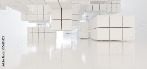 Obraz na płótnie Luxury white abstract architectural minimalistic background. Contemporary showroom. Modern exhibition stand. Empty gallery. Backlight. Polygonal Graphic Design. 3D illustration and rendering. w salonie