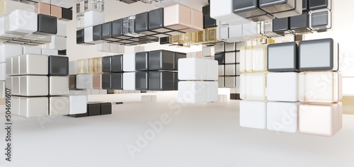 Obraz na płótnie Luxury parametric abstract architectural minimalistic background. Contemporary showroom. Modern colored glass exhibition tunnel. Empty gallery. Backlight. 3D illustration and rendering. w salonie