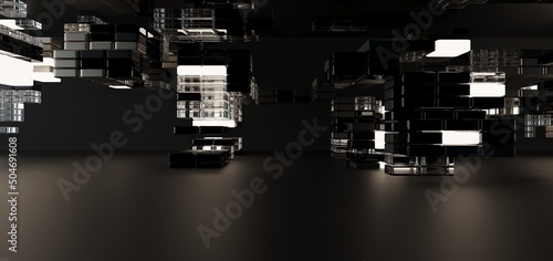 Obraz na płótnie Luxury parametric abstract architectural minimalistic background. Contemporary showroom. Modern black exhibition tunnel. Empty gallery. Neon backlight. Night. Space. 3D illustration and rendering. w salonie