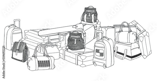 Set of Vacation tourist bags, suitcases. Different types of Travel pouches, saddle, rucksack, clutch, tote, barrel. Logistic, delivery. Coloring book page for adult and children. Zentangle style.