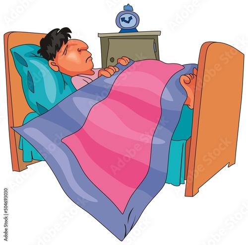 Cartoon adorable little cute boy sleeping on comfortable bed fall asleep vector drawing illustration sweet good dreams night time bedroom funny character caricature concept love comic fun 