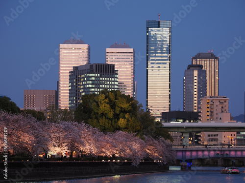 春、大阪天満橋と桜の夕景 photo