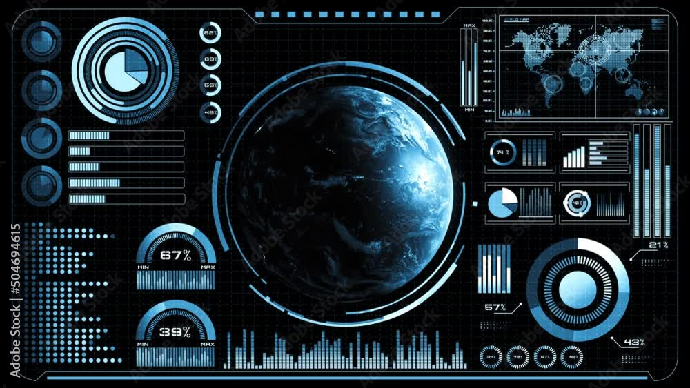 Futuristic VR head-up display design with orbital global network 3D rendering motion graphic . HUD element containing circle abstract and big data analytic presented in digital GUI technology .