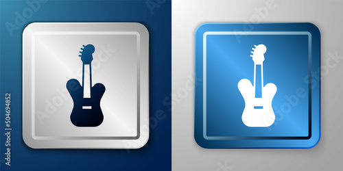 White Electric bass guitar icon isolated on blue and grey background. Silver and blue square button. Vector