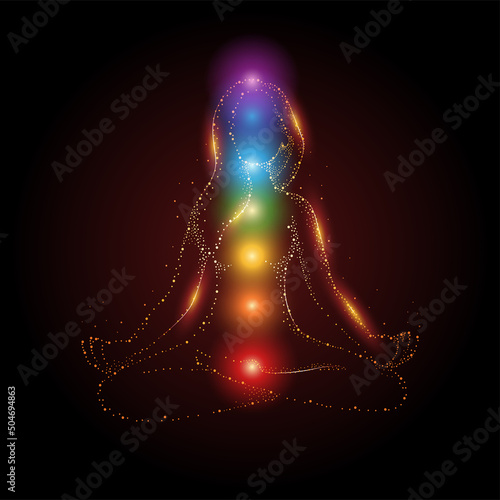 Female figure meditating in lotus position with colorful 7 chakras