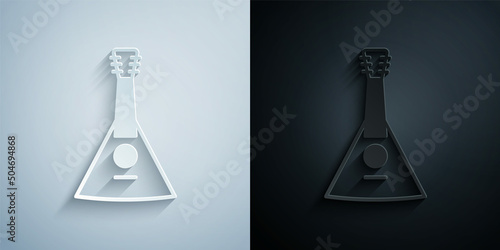 Paper cut Musical instrument balalaika icon isolated on grey and black background. Paper art style. Vector