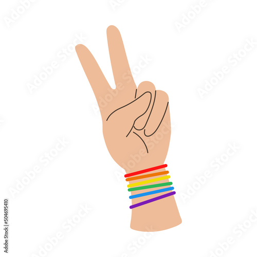 Vector victory hand with rainbow bracelet. Sign of victory or peace. LGBTQ clipart. Pride month.