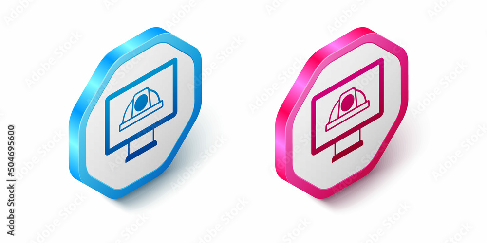 Fototapeta premium Isometric Worker safety helmet icon isolated on white background. Hexagon button. Vector