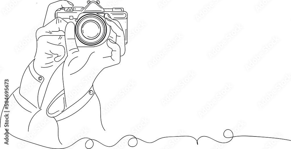 Camera logo, Photography logo, Outline sketch drawing of hand holding