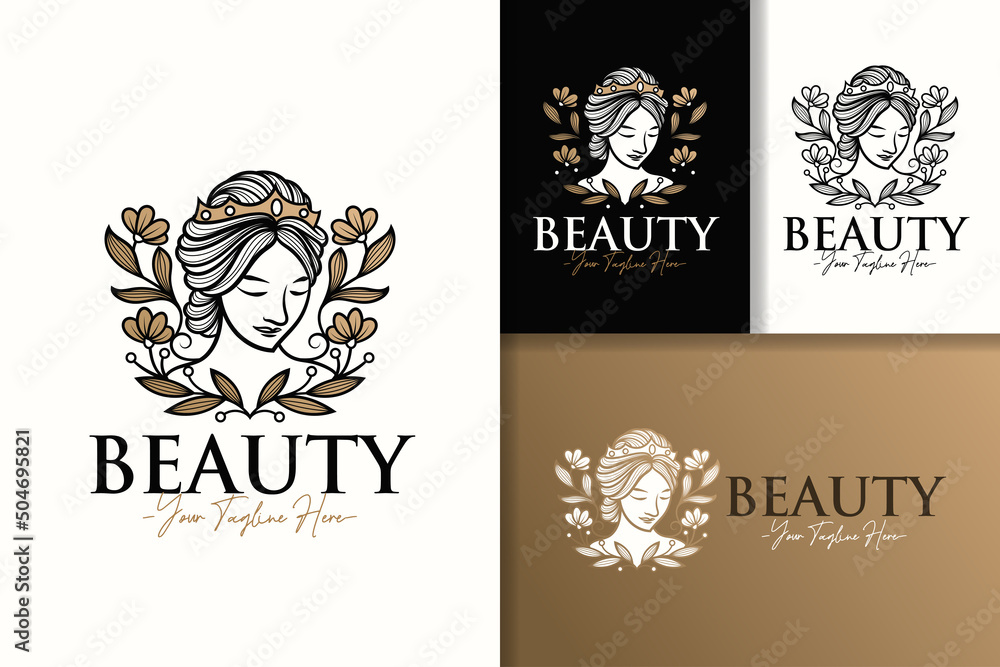 Woman natural floral queen feminine gold beauty logo design template