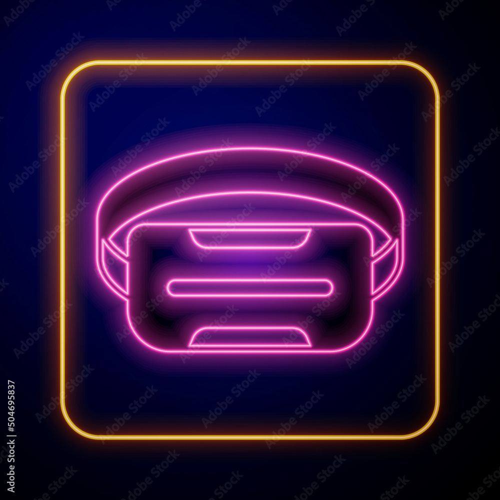 Glowing neon Virtual reality glasses icon isolated on black background. Stereoscopic 3d vr mask. Optical head mounted display. Vector Glowing neon Virtual reality glasses icon isolated on black background. Stereoscopic 3d vr mask. Optical head mounted display. Vector