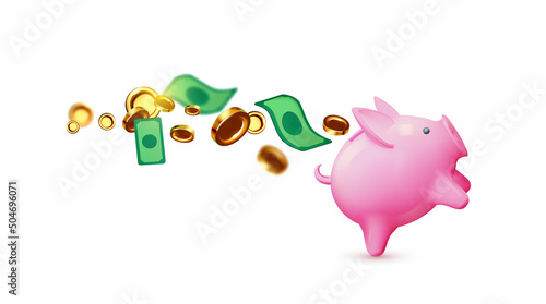 Save money concept. 3D cash, flying coins and dollar bills with piggy bank isolated on white. Banking concept.