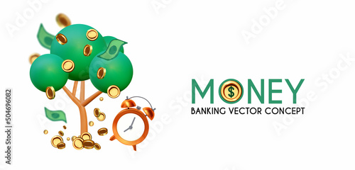 Money Tree. Luck, rich and prosperity concept with 3D simple tree and falling golden coins and dollar banknotes. Time is money photo