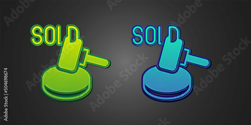 Green and blue Auction hammer icon isolated on black background. Gavel - hammer of judge or auctioneer. Bidding process, deal done. Auction bidding. Vector