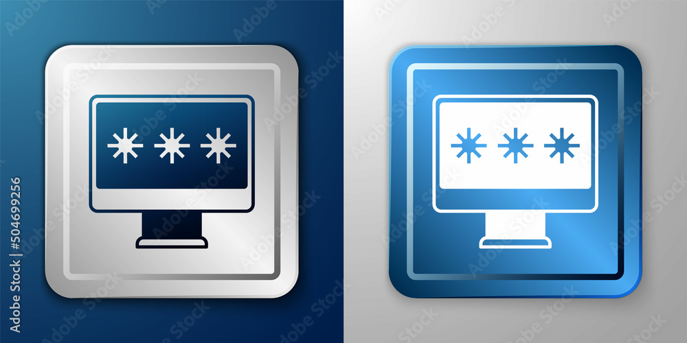 White Monitor with password notification icon isolated on blue and grey background. Security, personal access, user authorization, login form. Silver and blue square button. Vector White Monitor with password notification icon isolated on blue and grey background. Security, personal access, user authorization, login form. Silver and blue square button. Vector