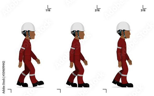 An industrial worker is walking on white background frame(1-3) of 16