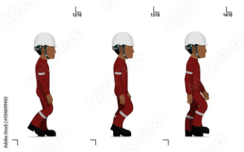 An industrial worker is walking on white background frame(7-8) of 16