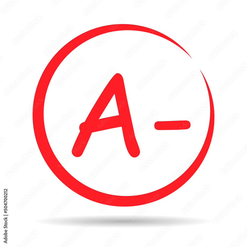 Grade result A minus with shadow. Hand drawn icon in red color. Test exam mark report vector illustration Grade result A minus with shadow. Hand drawn icon in red color. Test exam mark report vector illustration