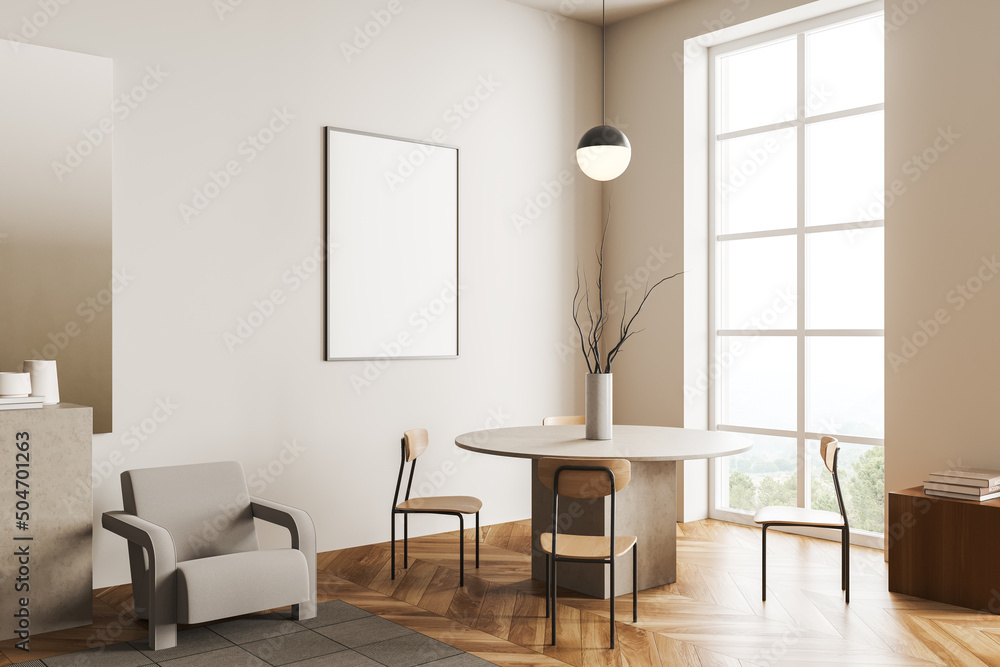 Light eating room interior with table and seats, window and mockup frame Light eating room interior with table and seats, window and mockup frame
