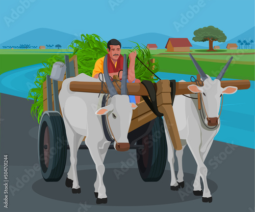 farmer riding a bullock cart